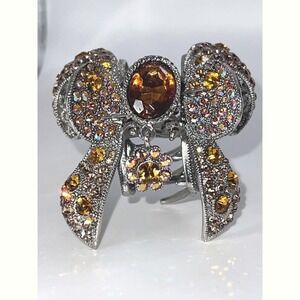 Silver-Tone Bow Hair Clip w/ Amber Rhinestones 2.5" Unsigned Sparkling Barrette